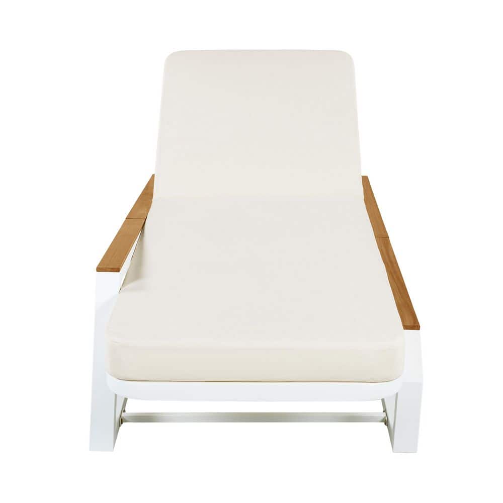 Polly White+Teak Finish 1-Piece Metal Patio Outdoor Chaise Lounge with Cream Cushions, Wood Armrests price history on PriceWatchPro