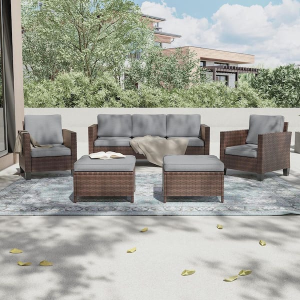 5-Piece Outdoor Patio Conversation Set Widened Back and Arm Brown Rattan 3-Seat Sofa 2-Ottomans, Grey