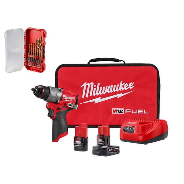 Milwaukee M12 FUEL 12-Volt Cordless Lithium-Ion Brushless 1/2 in. Drill Driver Kit and SHOCKWAVE Titanium Drill Bit Kit