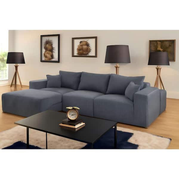 SSOLEO 100.8 in. Square Arm 4-Piece Corduroy Modular Sectional Sofa with Ottomans in. Steel Blue & Clouded Graphite