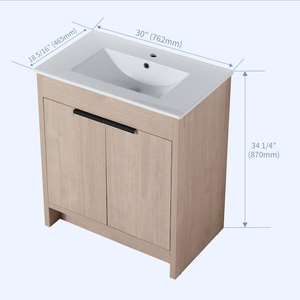 30 in. W x 18.3 in. D x 34 in . H Freestanding Bath Vanity Cabinet in Plain Light Oak with White Ceramic Top
