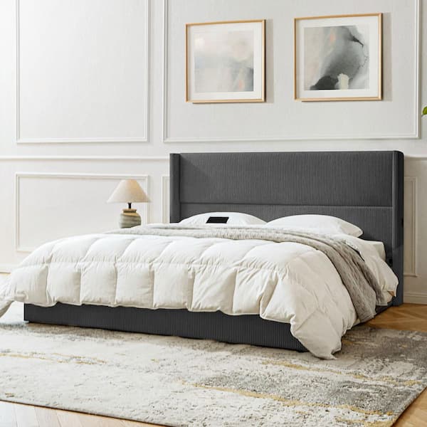 Genoveva Gray Wood Frame King Platform Bed with USB Charging Ports and Storage