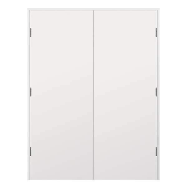 48 in. x 80 in. Bi-Parting Solid Core Wood Primed Composite Prehung French Door Catch Ball Flush Panel Poliched Nickel