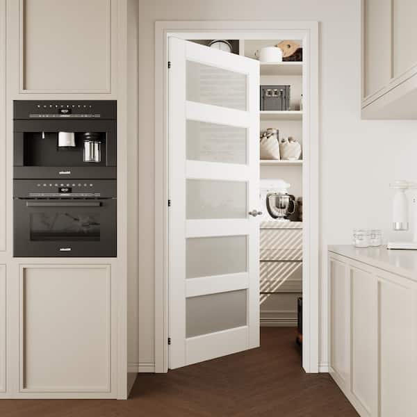 32 in. x 96 in. Solid Core 5-Lite Tempered Frosted Glass White Primed MDF Interior Door Slab