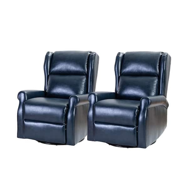 JAYDEN CREATION Chiang Navy Contemporary Wingback Faux Leather Manual Swivel Recliner Rocking Nursery Chair Set with Metal Base Set of 2