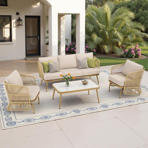 Buenaola Nyajiah 4-Piece Wicker Patio Conversation Set Outdoor Rope Glider Sofa Set with Beige Cushions