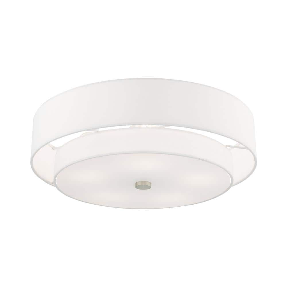 Meridian Brushed Nickel 5-Light Indoor Drum Flush Mount with Off-White Shade