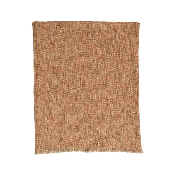 Storied Home Woven Tan Colored Melange Cotton Blend Boucle Throw with Fringe
