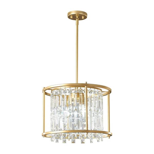 Home Lighting 15.74in. 3-Light Gold Round Crystal Pendant For Kitchen Island, Dining Room, Flat/Sloped Ceiling