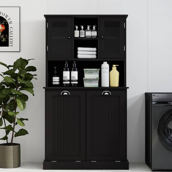 33 in. W x 15 in. D x 60 in. H Black Linen Cabinet, 2-Compartment Tilt-Out Dirty Laundry Basket Tall Bathroom Cabinet
