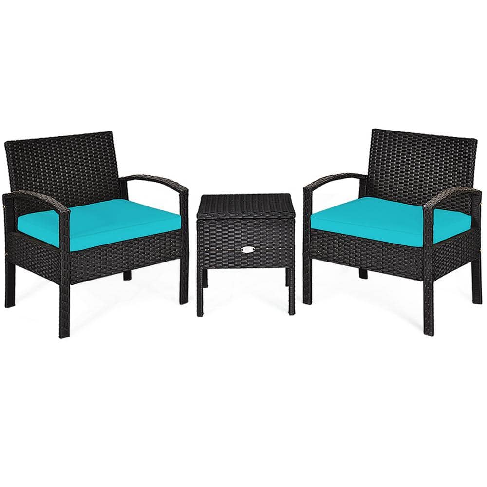 3-Pieces PE Rattan Wicker Patio Conversation Sofa Set With Turquoise Cushio