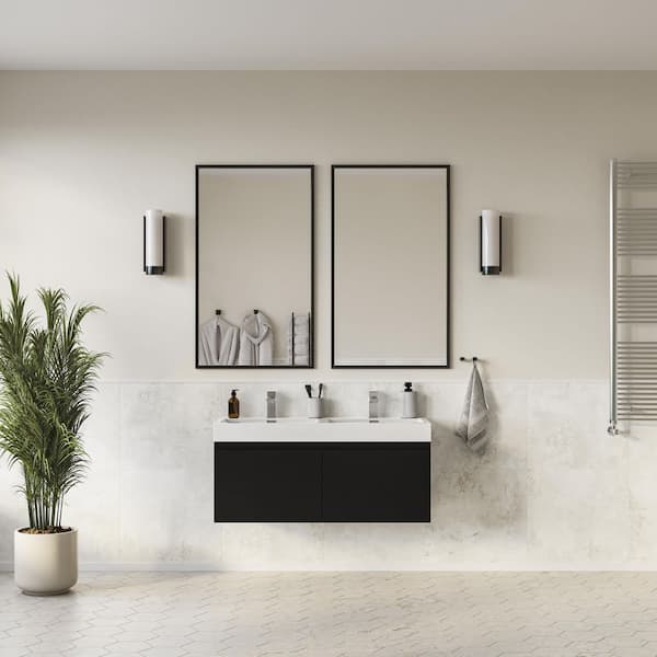 Mezzo 48 in. Modern Wall Hung Bath Vanity in Black with Double Vanity Top in White with White Basins