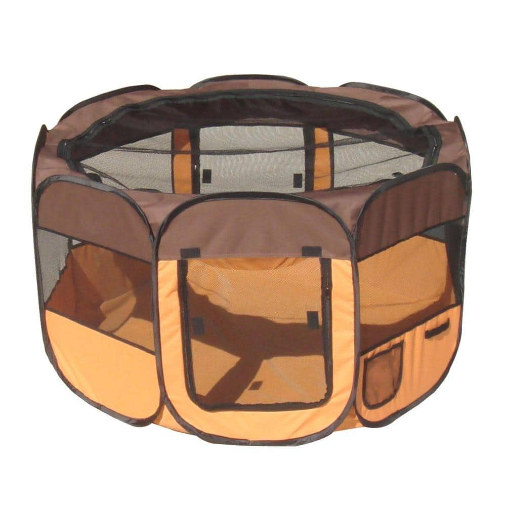 PET LIFE All-Terrain Lightweight Easy Folding Wire-Framed Collapsible Travel Dog Playpen in Brown/Orange - LG