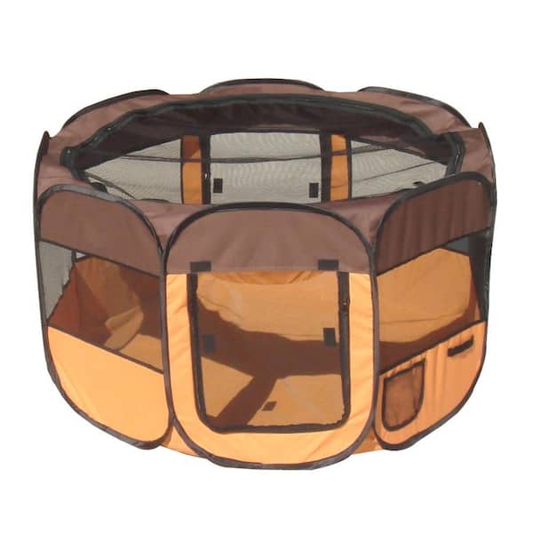 PET LIFE All-Terrain Lightweight Easy Folding Wire-Framed Collapsible Travel Dog Playpen - Brown/Orange - MD