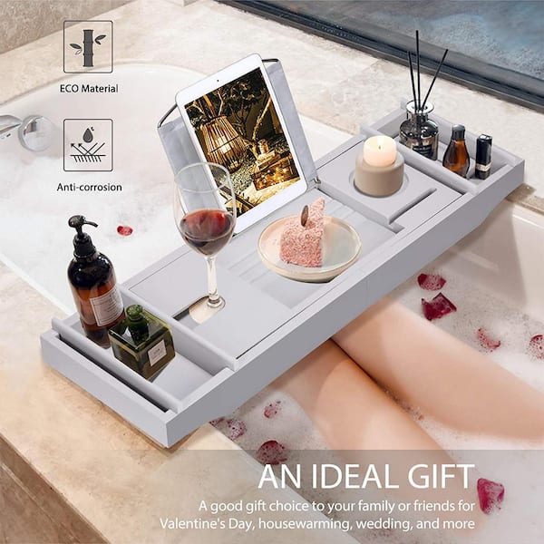 Bambusi Bathtub Caddy Tray with Book and Wine Holder for a Spa