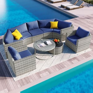 Gray 9-Piece Half-Moon Wicker Outdoor Sectional Set with Blue Cushions and Table Set