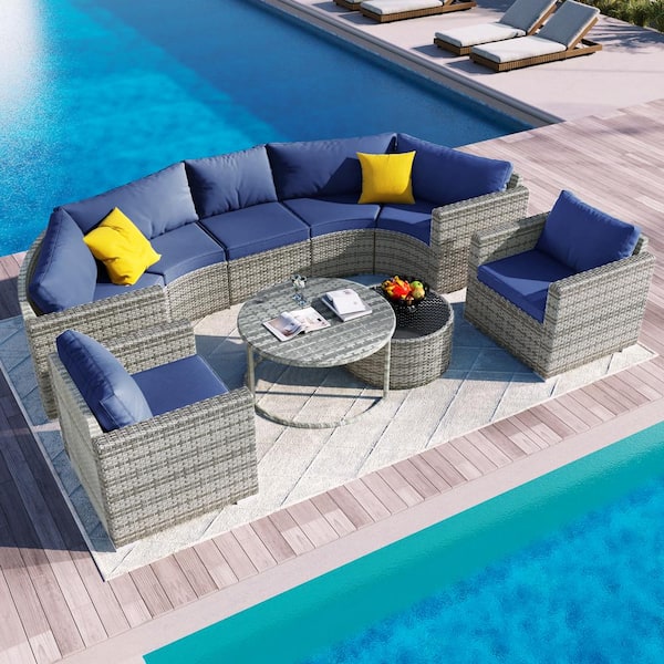 Harper & Bright Designs Gray 9-Piece Half-Moon Wicker Outdoor Sectional Set with Blue Cushions and Table Set