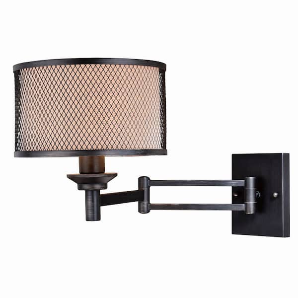 VAXCEL Polk Warm Pewter Plug-In Motion Sensor Swing Arm Wall Lamp Beige Linen Drum Shade