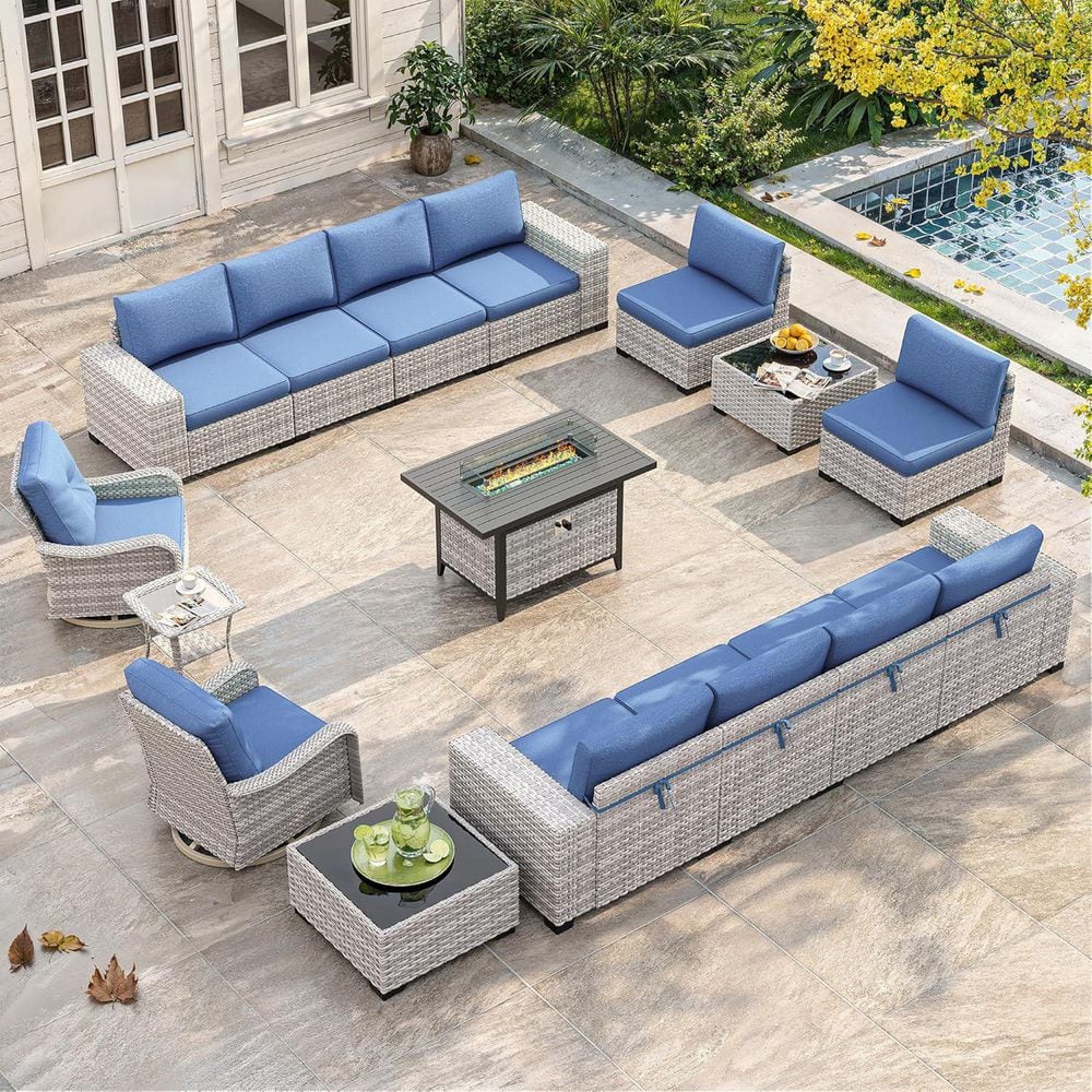 16-Piece Wicker Patio Furniture Set with 12-Seats, 4 in. Thickened Cushions, Swivel Chairs and Fire Pit Table，Navy price history on PriceWatchPro