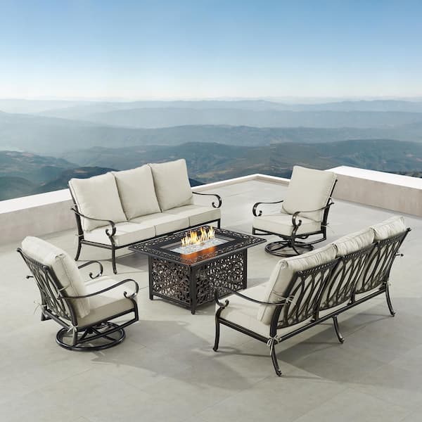 Black Aluminum Fire Table Set with 2-Sofas and 2-Club Chairs