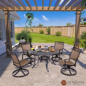 Jon 5-Piece Cast Aluminum Outdoor Dining Set with Mesh Table and Swivel Sling Chairs in Champagne Gold