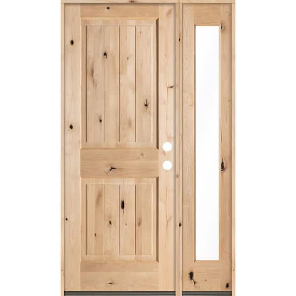Krosswood Doors 44 in. x 80 in. Rustic Unfinished Knotty Alder Sq-Top VG Left-Hand Right Full Sidelite Clear Glass Prehung Front Door