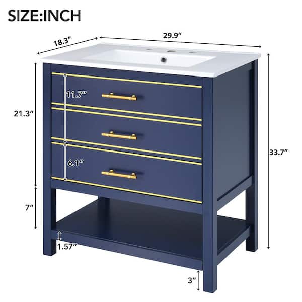 29.9 in. W x 18.3 in. D x 33.7 in. H Single Sink Bath Vanity in Blue with White Ceramic Top, Open Storage and Drawers