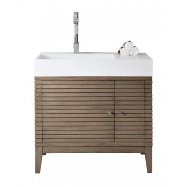 James Martin Vanities Linear 36 in. W Single Bath Vanity in Whitewashed Walnut with Solid Surface Vanity Top in White with White Basin