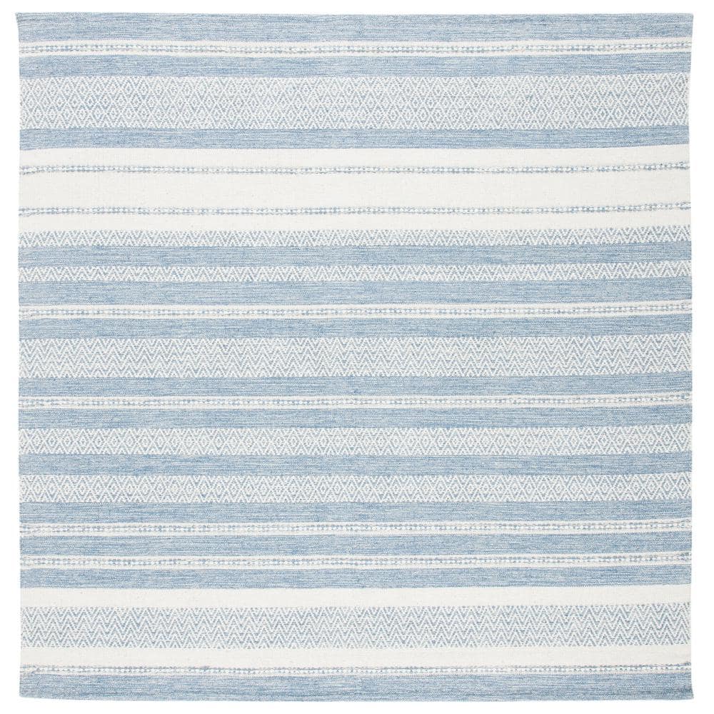 Ivory and Blue Striped Square Wool Cotton Area Rug