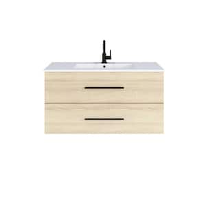 Napa 36 W x 18 D x 21-3/8 H Single Sink Bathroom Vanity Wall Mounted In White Oak with Ceramic Integrated Countertop
