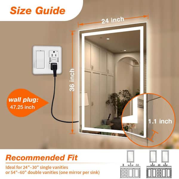Luma Pro 24 in. W x 36 in. H Rectangular Frameless LED Light Dimmable Anti-Fog Wall Bathroom Vanity Mirror