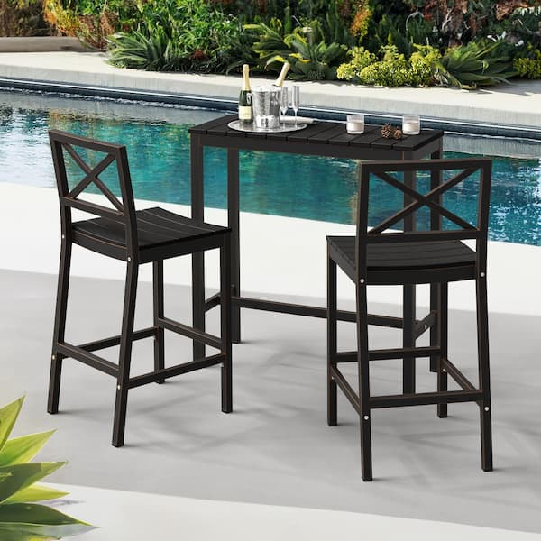 LUE BONA 3 Piece 38" Black Outdoor Dining Table Set Aluminum Bar Set HDPS Top With Bar Chairs Armless for Balcony