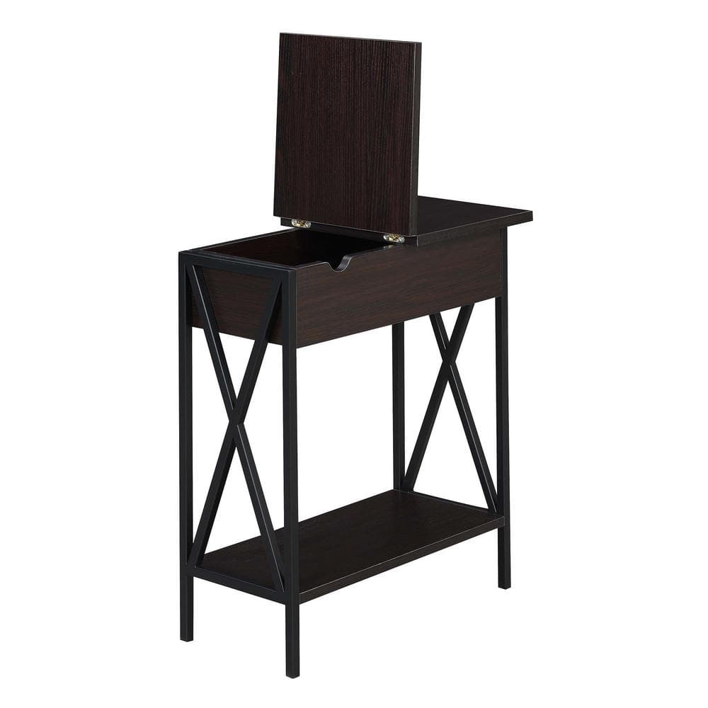 Espresso and Black Wood Metal Square End Table with Charging Station