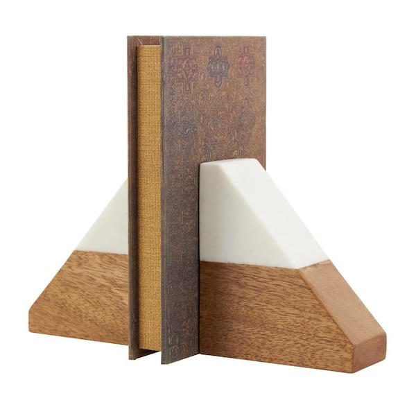 Litton Lane Brown Wood Triangle Geometric Bookends with White Marble Tops (Set of 2)