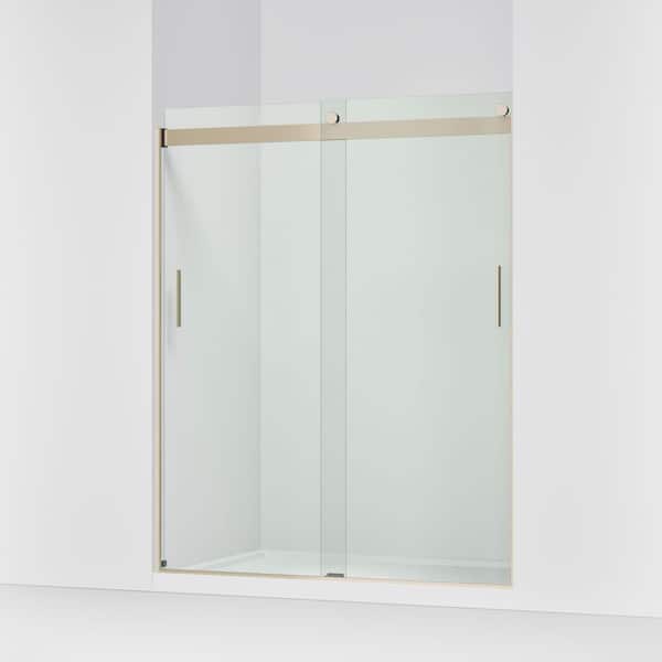 Levity 56-60 in. W x 74 in. H Frameless Sliding Shower Door in Anodized Brushed Bronze with Blade Handles