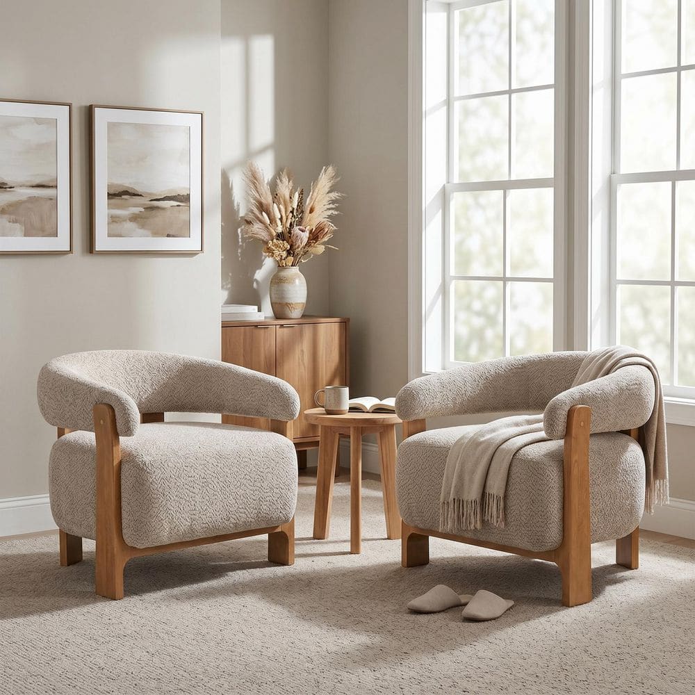 Laura Modern Light Taupe and Natural Polyester Upholstered Accent Arm Chair with Curved Barrel Back, (Set of 2)