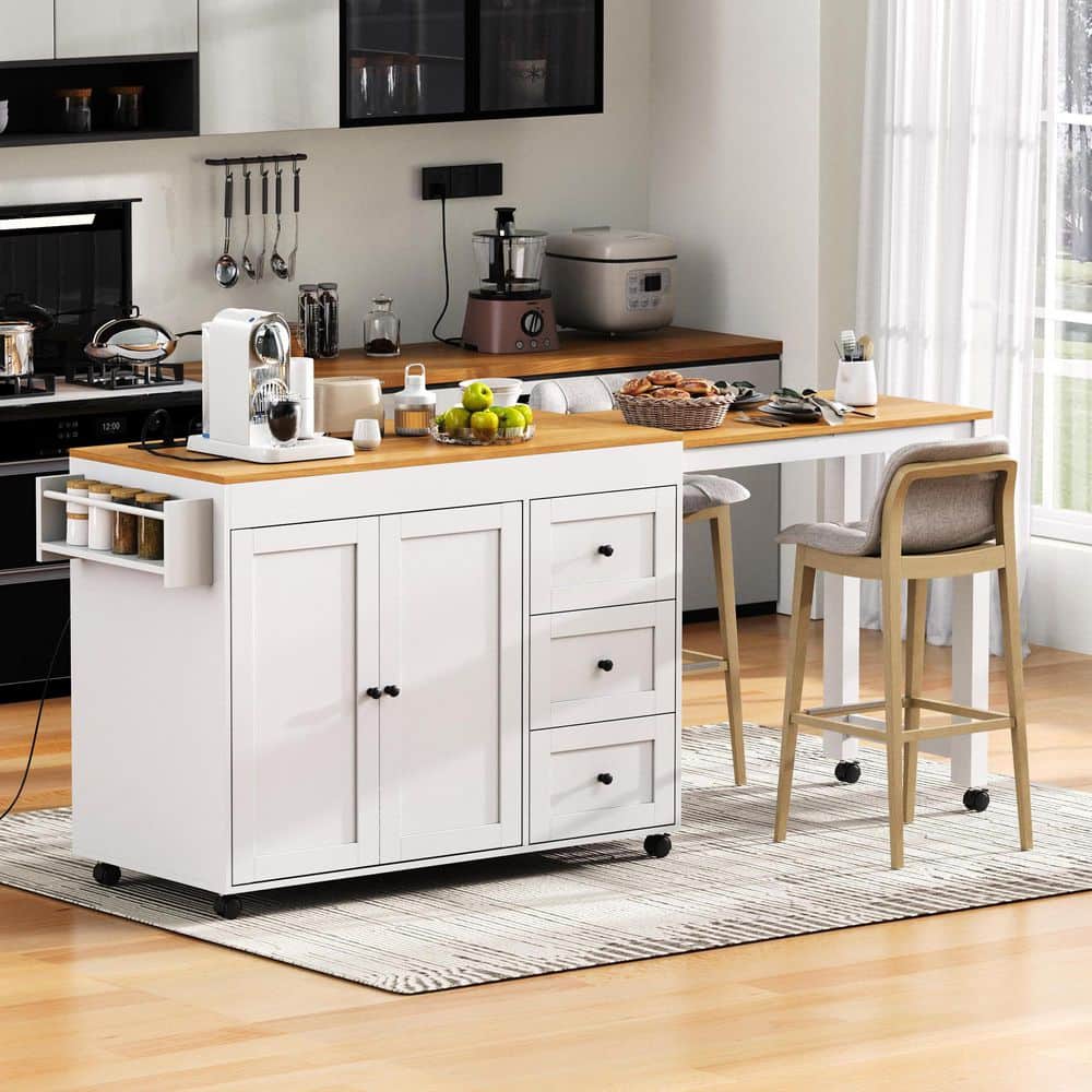 White MDF Wood 74.8 in. Kitchen Island with Extendable Dining Table, 3 Drawers, Power Outlet and Spice Rack price history on PriceWatchPro