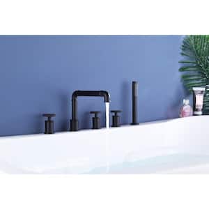 3-Handle Deck Mount Roman Tub Faucet with Hand Shower in Matte Black