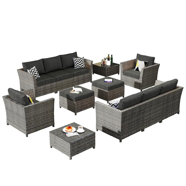 Vesta Gray 12-Piece Wicker Outdoor Patio Conversation Sectional Sofa Set with Black Cushions