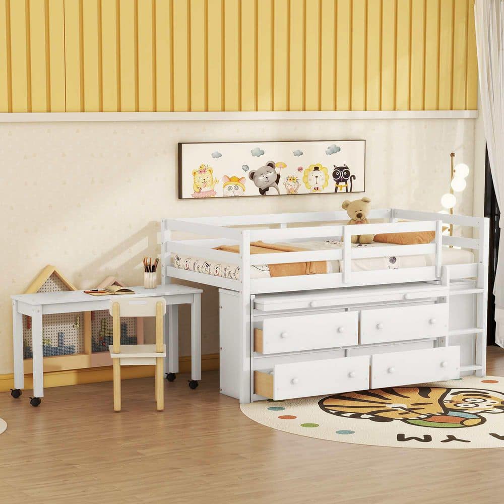 White Twin Size Wood Loft Bed with Retractable Writing Desk and 4-Drawers, Lateral Portable Desk and Shelves