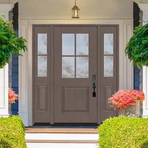 Regency 64 in. x 80 in. 1/2-4Lite Clear Glass LH Ashwood Stain Mahogany Fiberglass Prehung Front Door w/Dbl 12in.SL