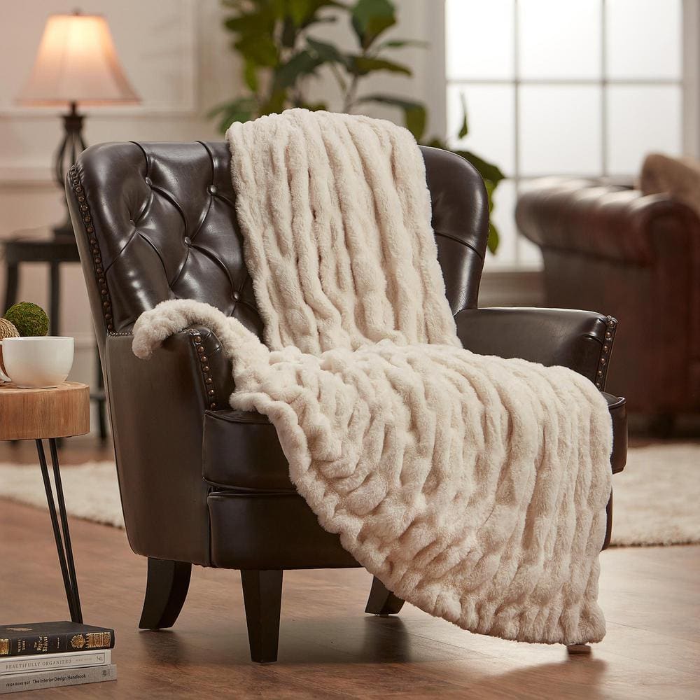 CHANASYA Ruched off White Faux Fur Reversible Minky Throw Blanket