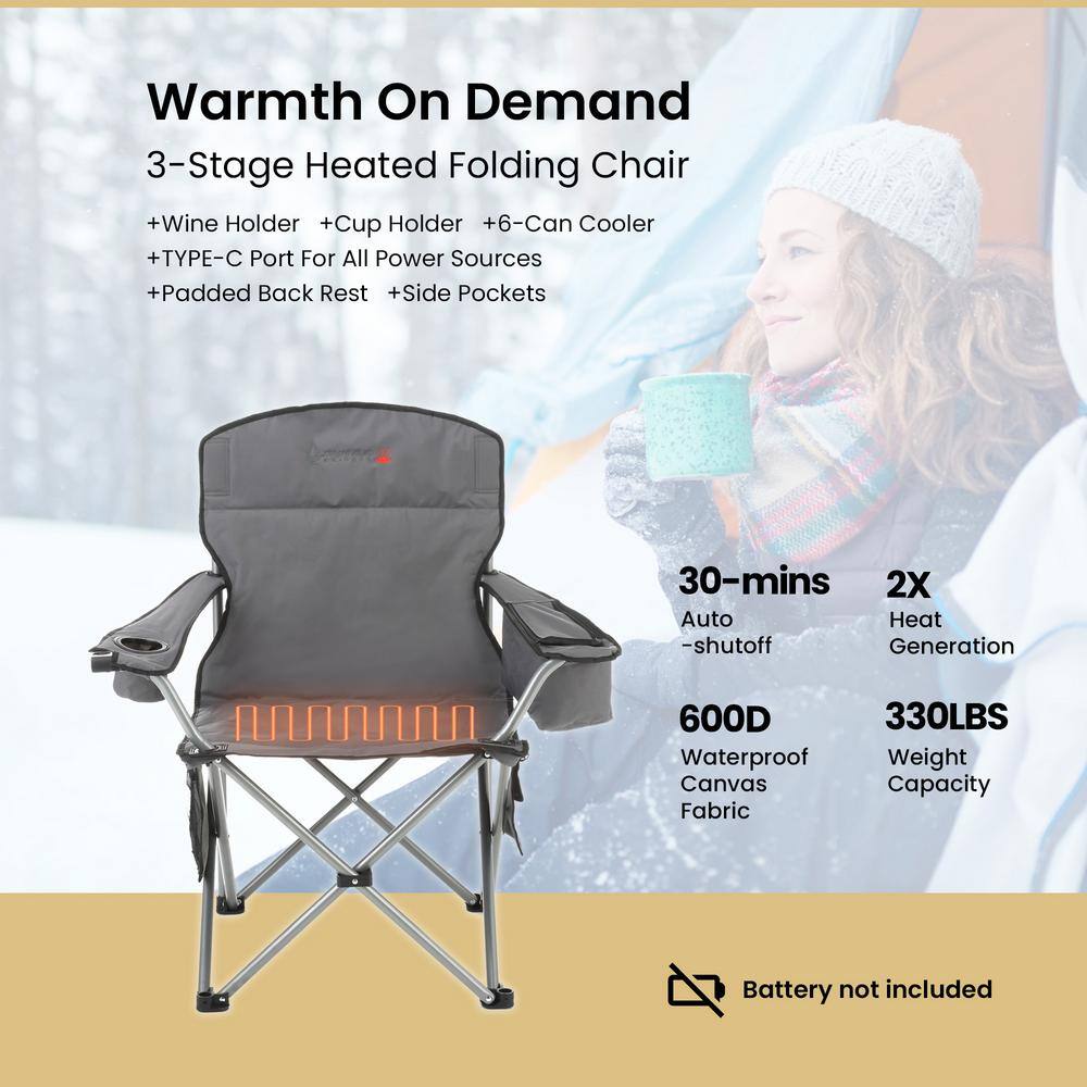 Gray Heated Folding Camping Chair with Cooler and Cup Holders