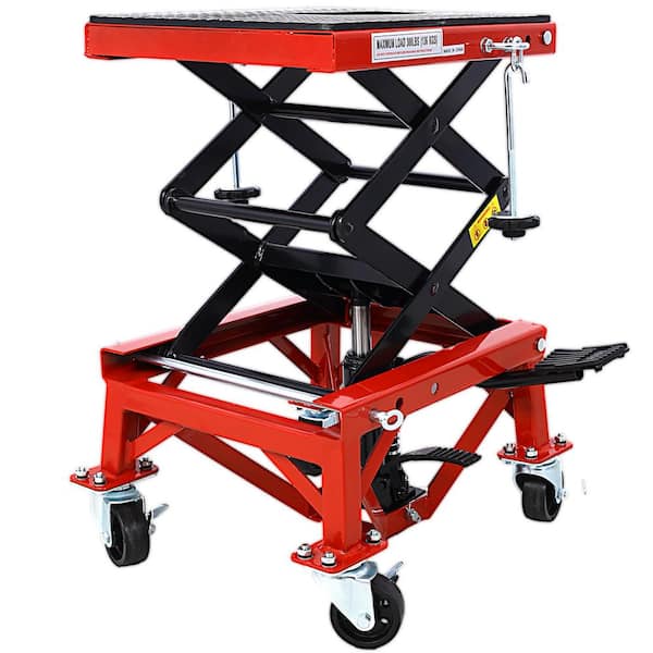 300 lbs. Hydraulic Motorcycle Scissor Jack Lift Foot Step Wheels for Small Dirt Bikes, Red