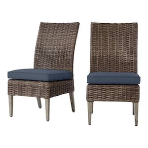 Rock Cliff Brown Stationary Wicker Outdoor Patio Armless Dining Chair with CushionGuard Sky Blue Cushions (2-Pack)