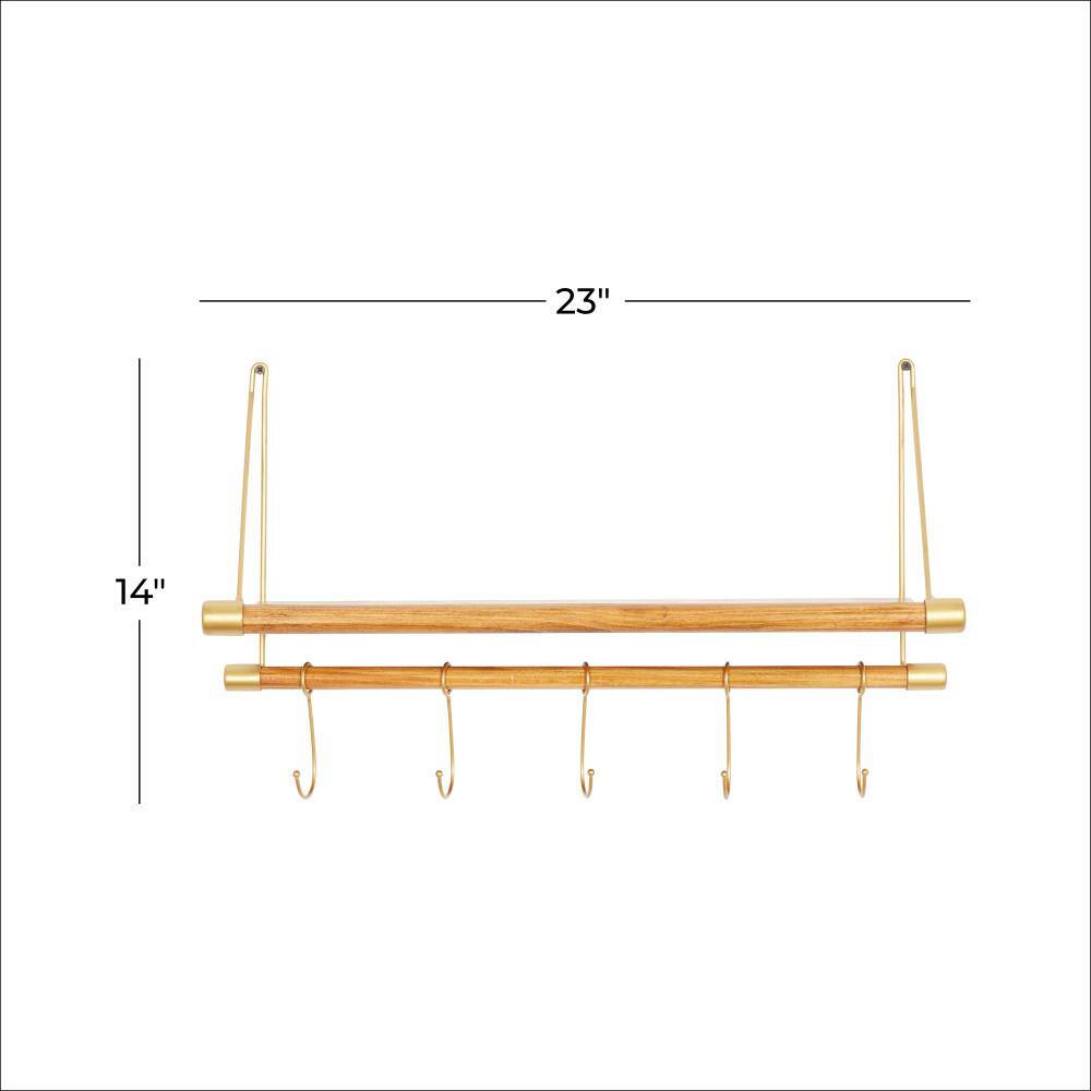 Gold and Wood Nordic Wall Shelf with Hooks