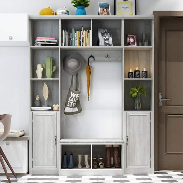 FUFU&GAGA Gray Wood 4 in. 1 Hall Tree Coat Rack Shoe Cabinet with Metal Double Hooks, Bench and Bookcase