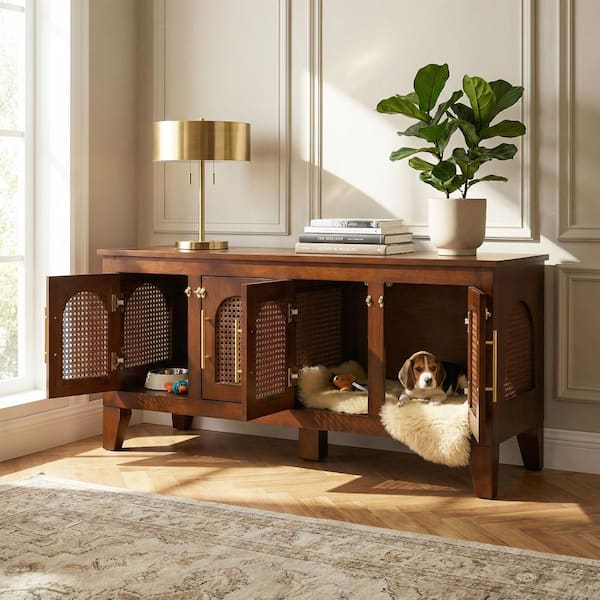 Quailridge Modern Rustic Walnut Finish 21.65 in. Rattan and Wood Dog Crate Cabinet, Medium Pet Kennel with Storage