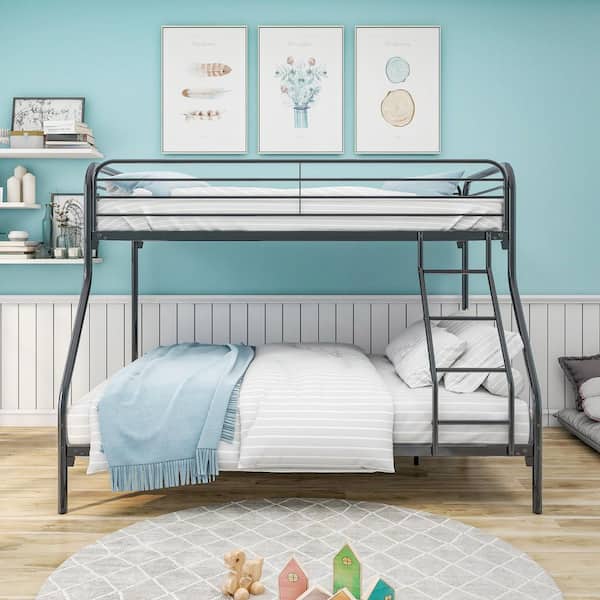 Black Metal Twin Size Bunk Bed with Heavy Duty Space Saving with Guardrail No Box Spring Needed