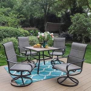 Black 5-Piece Metal Outdoor Patio Dining Set with Wood-Look Square Table and Padded Textilene Swivel Chairs
